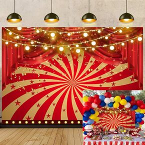 Red Carnival Backdrop Circus موضوع التصوير الفوتوغرافي 7x5ft Gold Glitter Startain Stain Baby Shower Birthday Decoration Photo Photo Shooting (84 × 60 بوصة)