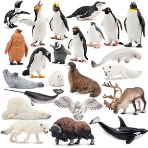 تماثيل Toymany 24pcs Polar Animals تشمل البطريق ، الدب القطبي ، كاريبو ، الحيتان ، الفظ ، القبعات العليا لعيد الميلاد هدية للأطفال الصغار