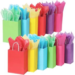 Waarms 32 Pieces Gift Bags with 32 Tissues, 8 Colors Party Favor Bags with Handles, Kraft Paper Rainbow Gift Bags Bulk for Birthday, Wedding, Baby Shower, Party Supplies and Gifts