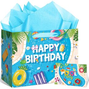 Innovoscape Hawaiian Luau Birthday Party Decorations Hawaiian Aloha Birthday Gift Bag with Palm Leaf Bday Tissue Papers and Card Summer Tropical Wrapping Bag for Luau Aloha Tiki Bday Party