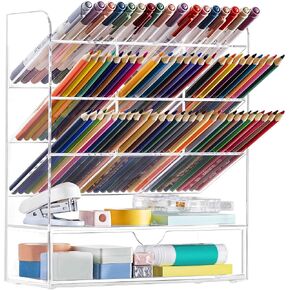 HBlife Acrylic Pen Storage, Clear Vertical Marker Organizer with 11 Compartments, Angled Large Stationary Pencil Display Holder for Desk, Art Supplies Organizer for School, Office and Home