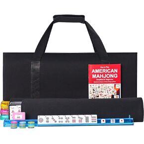 American Mahjong Game Set, 166 Premium White Tiles, 4 All-in-One Color Rack/Pushers, Complete Mahjongg Set Blue Carrying Bag