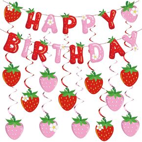 50 PCS Strawberry عيد ميلاد سعيد ديكورات حفلة الفراولة موضوع عيد ميلاد لافتة شنق