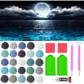مجموعات فن الماس للبالغين ، 5D كامح القمر فوق مجموعات الطلاء في المحيط الماس للمبتدئين ، و DIY Full Round و AB الحفر الفنون والحرف للبالغين نقاط الماس ، وديكور الجدار المنزلي 15.8 "x27.5"