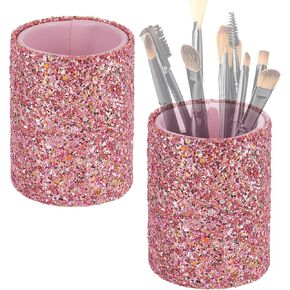 Pink Glitter Makeup Brush Holder, Cute Cups for Makeup Brushes, Storage Box Container Vanity Decor Accessories for Storage Makeup Brush, Eyebrow Pencil, Eyeliner (2Pcs Pink)