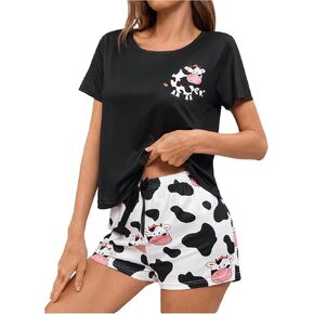 طقم بيجامة نسائي من WDIRARA بأكمام قصيرة وطبعة بقرة كرتونية وأكمام قصيرة وسروال قصير in Kuwait