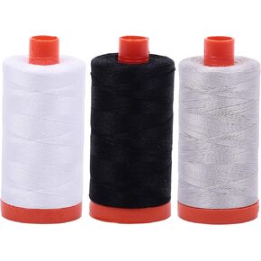 AURIFIL Cotton Mako 50wt Thread 3 Large Spools: White + Black + Aluminum (2024+2692+2615)