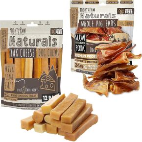 Mighty Paw Yak Cheese Phems للكلاب وحزمة آذان الخنازير (12 عبوة) | كل ما يدوم الطويل الطويل. الرائحة وكبيرة لصحة الفم. مضغ محدودة من أجل الجراء ومضغات السلطة