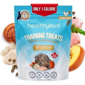 HealthyBud Mini Training Trading - لدغات مدرب ناعمة ، 500 بت ، 1 كيلو كالوري لكل لدغة ، 6.5 أوقية ، ريشي ، ماني الأسد ، زيت سمك السلمون ، مضغ جرو (دجاج)