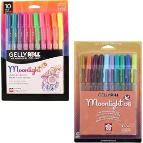 SAKURA Gelly Roll Moonlight 06 Gel Pens -Assorted Fluorescent Ink - Fine Line - 10 Pack & Gelly Roll Moonlight 06 Gel Pens - Assorted Earth & Jewel Tone Ink - Fine Line - 10 Pack