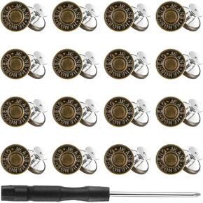 16 Sets Jeans Button Replacement, 17 mm Metal No-Sew Nailess Removable Buttons for Jeans, Thread Rivets Jean Buttons and Screwdriver, Easy Install Jean Button for Change Waist Size, Repair, Hold Tight