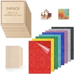 Adrattnay 24PCS Basswood Sheets & 8pcs Glitter Acrylic Sheets حزمة قطع ليزر ، 1/8 × 12 × 12 بوصة Basswood و 1/8 × 8 × 12 بوصة أكريليك بريق 3 ملم