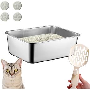 SUS304 Stainless Steel 17.5"x13.5"x6" Cat Litter Box, Food Grade, Medium Cat Litter Box, High Sided Metal, Smooth Surface and Easy to Clean, Odor Proof, Indoor Outdoor