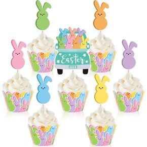 Whaline 72pcs Easter Cupcake Toppers and Cupcake Writpers مجموعة ملونة