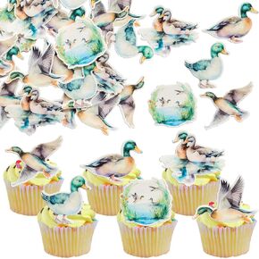 Gyufise 54Pcs Edible Duck Hunting Cupcake Toppers Duck Birthday Cake Decorations Wafer Paper Mallard Duck Cupcake Picks for Baby Shower Birthday Party Supplies