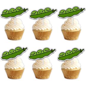 18pcs Green Glitter Cute Peas Dessert Cupcake Topper Traditional Funny Vegetable Peas in a Pod Theme Decor Supplies Baby Shower Boys Girls Happy Birthday Announce Pregnancy Party Decorations