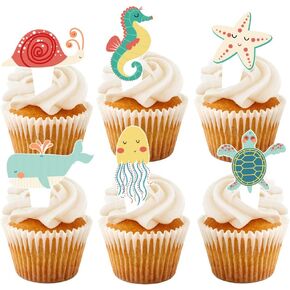 24 PCS Sea Animals Cupcake Toppers for Sea موضوع ديكورات عيد ميلاد ، استحمام الطفل تحت Sea Thief Party Supplies