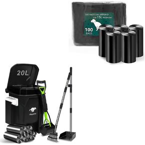 Dog Poop Trash Can for Outdoors with Pooper Scooper and Heavy Duty Metal Rake & Tray, Dog Waste Trash Can with Lid, Pedal and Removable Inner Waste Bin, 200pcs Poop Bags