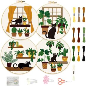 FREEBLOSS 4 Set 20cm Black Cat and Plants Embroidery Kit Cross Stitch Kit with Stamped Greenhouse Pattern Embroidery Kit for Beginners Instructions Included Embroidery Starter Kit for Adults
