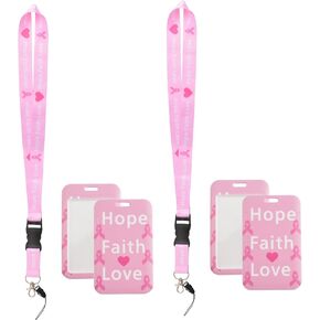 WANDIC Detachable Lanyard with Hard Card Case, 2 Sets Breast Cancer Awareness Lanyard with Card Holder Hope, Faith, Love Lanyard for ID Card, Keys