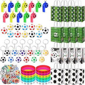 Hiboom 110 PCS Soccer Party Favors تشمل 12 كيس Goodie ، 12 صافرة ، 12 محايات الكرة ثلاثية الأبعاد ، 12 سلسلة مفاتيح ، 12 معصم السيليكون و 50 ملصقًا لهدايا أعياد الميلاد