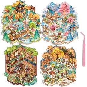 4 Sets DIY 3D Fun Vintage House Scene Stickers with Tweezers Make Your Own Ancient Chinese Sticker Scenes Micro Room Craft Stickers for Relief Stress Pass The Time in Kuwait