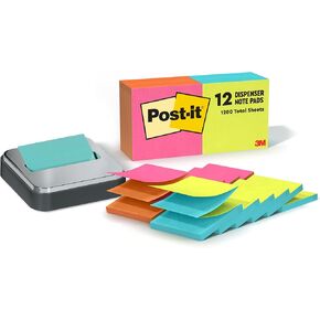 Bundle of Post-it Note Dispenser, Black Base with Steel Top, and Post-it Pop-up Notes, 3 in x 3 in, 1 Pad in Aqua Splash, 12 Pads in Alternating Colors, Poptimistic Collection