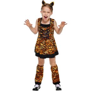Girls Tiger Costume Kids Halloween Animal Cosplay Outfit Dress with Tail 3 Pcs