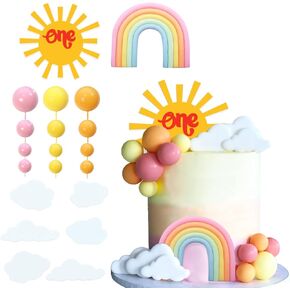 20pcs قوس قوس قزح أعلى القبعات أشعة الشمس واحد ديكورات كعكة مع قوس قوس قزح الغيوم الشمس السحب البرتقالية الأصفر الوردي لأشعة الشمس حفلة واحدة تحت عنوان حفلة واحدة
