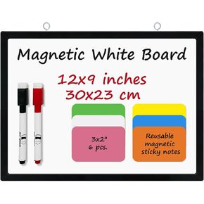 White Board Mini Kit - 9 x 12 in Whiteboard with 2 Dry Erase Markers and 6 Magnetic Notes - Small Double-Sided Wall Hanging Dry Wipe Off Board for Home and Office