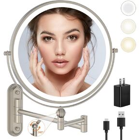 9" Wall Mounted Makeup Lighted Mirror, 4000mAh Rechargeable Double Sided LED Vanity Mirror with Height Adjustable&1X/10X Magnification, 3 Color Lights Touch Screen Dimmable 360°Swivel Bathroom Mirror