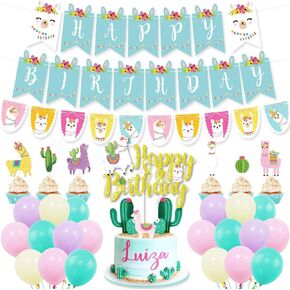 Llama Birthday Party Supplies Cactus Party Decorations with Llama Cactus Birthday Banner Cake Toppers Colorful Balloons for Boys Girls Llama Cactus Baby Shower Fiesta Mexican Llama Party Decorations