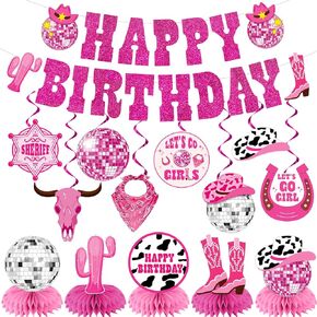 14pcs Cowgirl Birthday Party Decorations, No-DIY Glitter Hot Pink Disco Western Cowgirl Birthday Party Decorations Banner Hanging Swirls Honeycomb Centerpieces Women Girls