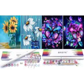 BaiSite 4 Pack Paint by Numbers Kit للمبتدئين البالغين ، 12 "WX16 L Canvas صور رسم الطلاء مع 16 قطعة من الفرشاة الخشبية ، صبغة أكريليك في صندوق الهدايا ، الفراشة والزهور