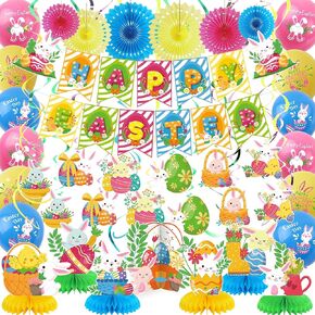 Easter Party Decorations Mega Set - Easter Egg Bunny Hanging Swirls, Pre-assembled Happy Easter Banner, Balloons, Paper Fans, Easter Bunny Honeycomb Centerpieces for Table, Easter Party Supplies
