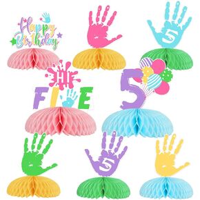 Funmemoir HI خمسة زخارف حفلة عيد ميلاد فتاة - 8pcs عالية خمسة عيد ميلاد قرص العسل المركزية ، الباستيل الخامس ديكورات عيد ميلاد يدوي الجدول الجدول أعلى القبعات لعيد ميلاد عمره 5 سنوات