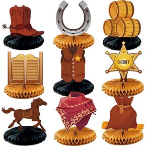 9 Pieces Wild Western Cowboy Decorations Set with Honeycomb Centerpieces for West Themed Parties, Baby Showers, and Boy's Birthday Parties - Ideal for Table Decoration and Kids' Party Supplies