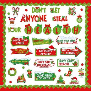 56 Pcs Christmas Bulletin Board Decorations Set Christmas Health Classroom Decor Red Green Xmas Accents Healthy Habits Paper Cutouts for School Wall Holiday Party Decoration Supplies