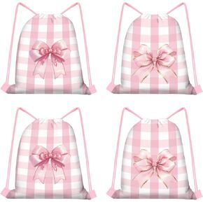 16 Pack Pink Bow Drawstring Party Favor Bag for Kid Pink Bow Snack Bag Non-Woven Pink Bow Goodie Bag Pink Bow Treat Bag for Pink Bow Themed Birthday Sports Party Gift,9.8 x 11.8 Inches