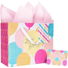 LaRibbons 13" Large Happy Birthday Gift Bag with Tissue Paper and Greeting Card, Balloon with gold powder printing, Perfect for Girls and Kids Birthday