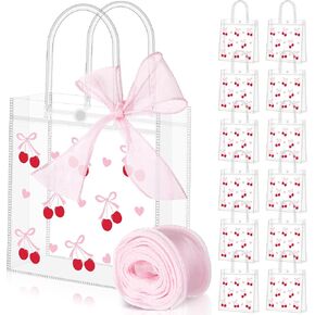 Sweetude 12 PCS Bow Clear PVC Placs with Handle Handle Coquette Bowknot Party Party With Ribbon for Birthday Baby Dearn Weddenting Weddenting (Pink Bow)