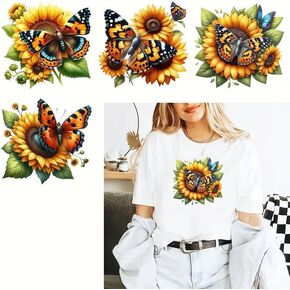4pcs عباد الشمس والفراشة الحديد على نقل القمصان لفرك على ملصقات التحويلات فينيل جاهزة للضغط على الحديد على الشارات للقرصات غطاء القمصان DIY