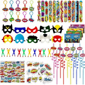 132 PCS Hero Party تفضل مع قش الشرب والقناع والفتحات الصغيرة والسلاسل الرئيسية للبطل جائزة Goody Bag choustser