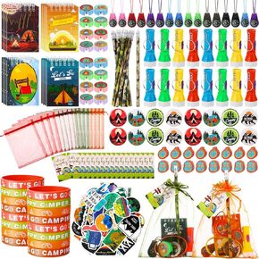 210 PCS Camping Party Favors Camper Birthday Party Decoration Notepad Pencil Sharpener Eraser Standge Stickled Bracelet Compass Compass Compass Bag Bag Bag Forming for Camping موضوع المغامرة