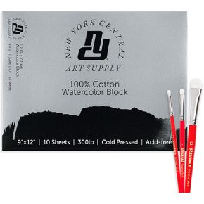 New York Central NYC Watercolor Block 300 lb. Cold Press 9x12 with Set of 3 Watercolor Scrubber Brushes