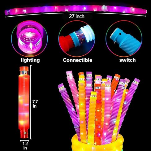 OceanWings 24 Pack Lights up Pop Tube Set for Kids Adults,Stretchy Tube Stress Relief Fidget Toys for Easter Day Classroom Prizes Birthda Concert Party Favor Supplies Treats for Boys Girls Toddlers in Kuwait