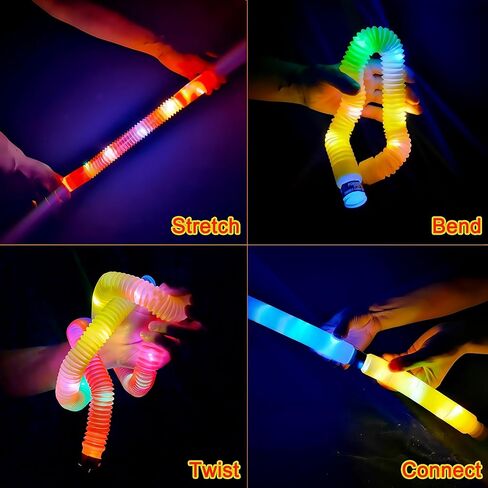 OceanWings 24 Pack Lights up Pop Tube Set for Kids Adults,Stretchy Tube Stress Relief Fidget Toys for Easter Day Classroom Prizes Birthda Concert Party Favor Supplies Treats for Boys Girls Toddlers in Kuwait