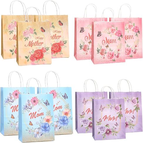 HIENAJ Mother's Day Gift Bags 12 Pcs Multicolor Carnation butterfly Happy Mother's Day Gift Bag with Handle for the Best Mom Theme Party Decorations 5.9 x 8.27 x 3.15 inches in Kuwait