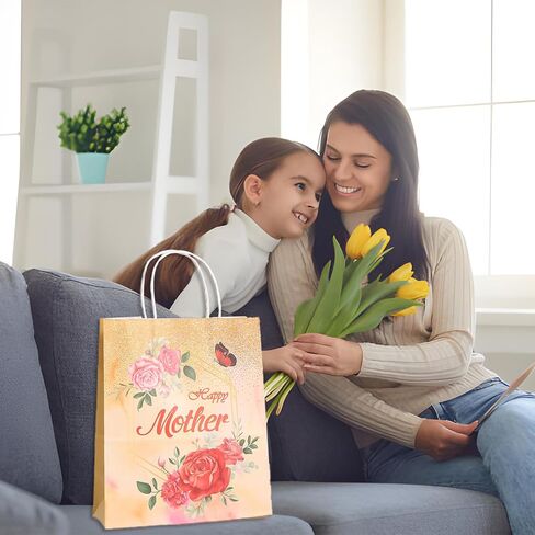 HIENAJ Mother's Day Gift Bags 12 Pcs Multicolor Carnation butterfly Happy Mother's Day Gift Bag with Handle for the Best Mom Theme Party Decorations 5.9 x 8.27 x 3.15 inches in Kuwait