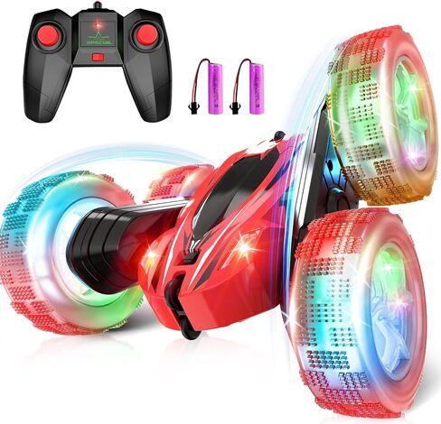 Remote Control Car, RC Cars Toys for Boys Ages 4-12, Double Sided 360°Rotating 4WD RC Cars with Headlights & Wheel Lights, 2.4Ghz, Christmas Birthday Gifts for Boys in Kuwait